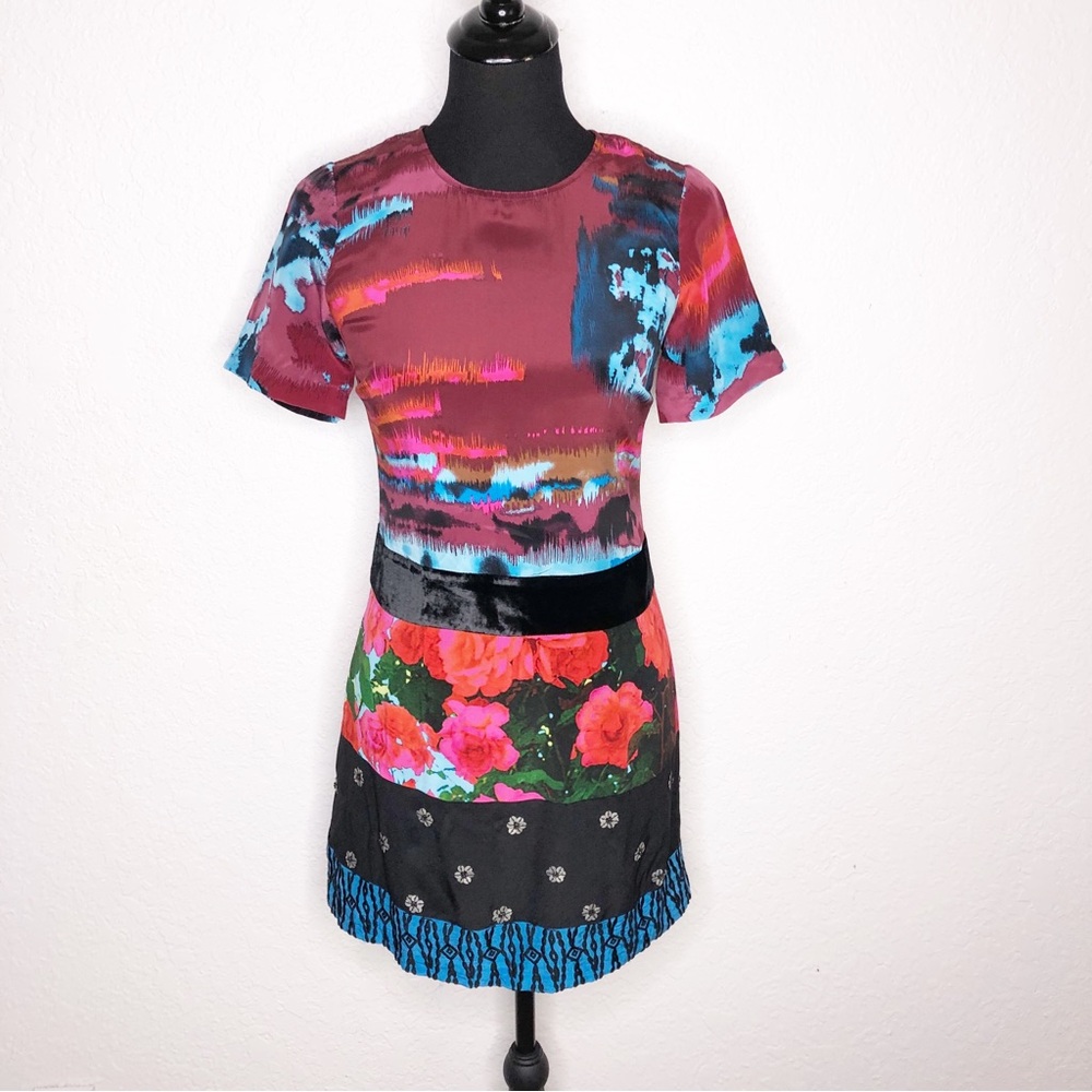 Tracy Reese black maroon blue silk mixed floral beaded sheath dress size 0